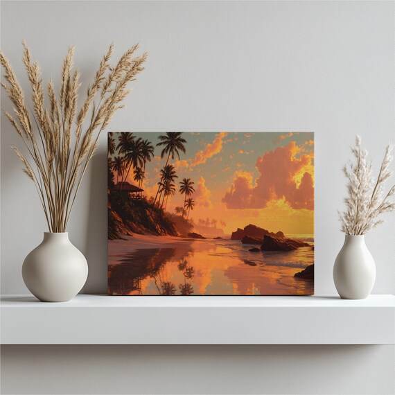 Tropical Sunset Beach Palm Trees Poster Golden Sky Ocean Reflections