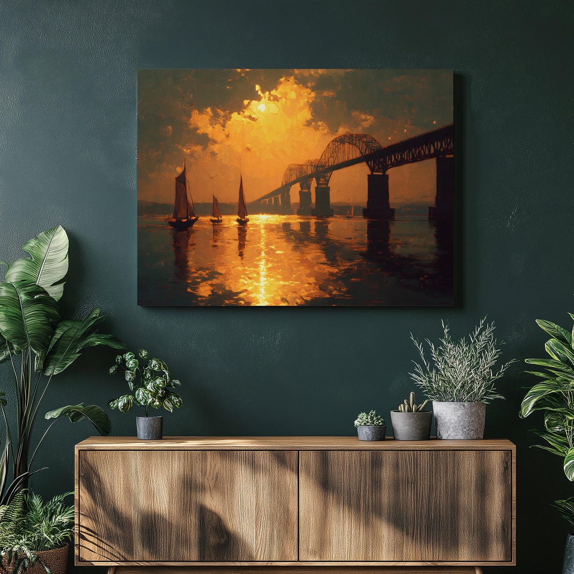 Sunset Sailboats Near Steel Arch Bridge Golden Water Reflection Poster