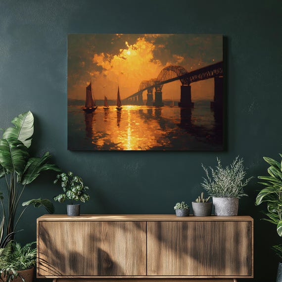 Sunset Sailboats Bridge Canvas Wall Art Colorful Coastal Seascape Nautical Painting Ocean Print Harbor Reflections Sky