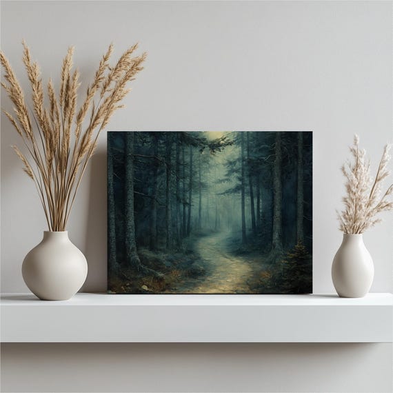 Forest Path Dark Misty Trees Wilderness Art Landscape Wall Nature Rustic Decor Mist Painting