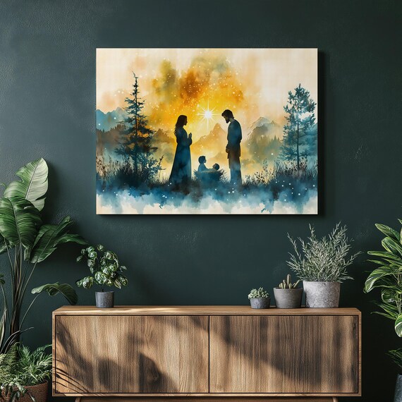 Holy Family Nativity Scene Star Of Bethlehem Watercolor Wall Art