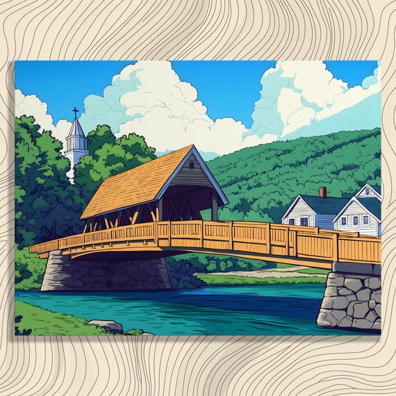 Covered Wooden Bridge Canvas Wall Art Serene River Landscape With Church Spire And Vibrant Foliage Farmhouse Decor Print Perfect Home Gift