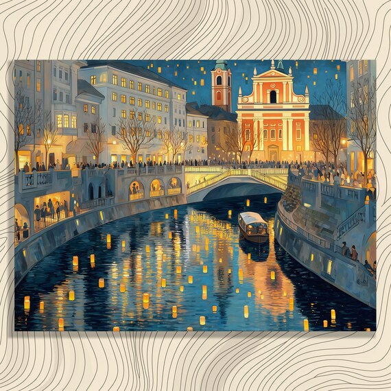 Vibrant Cityscape Canvas Wall Art Floating Lantern Festival Night Canal Painting Boat And Bridge Reflections Colorful Decor
