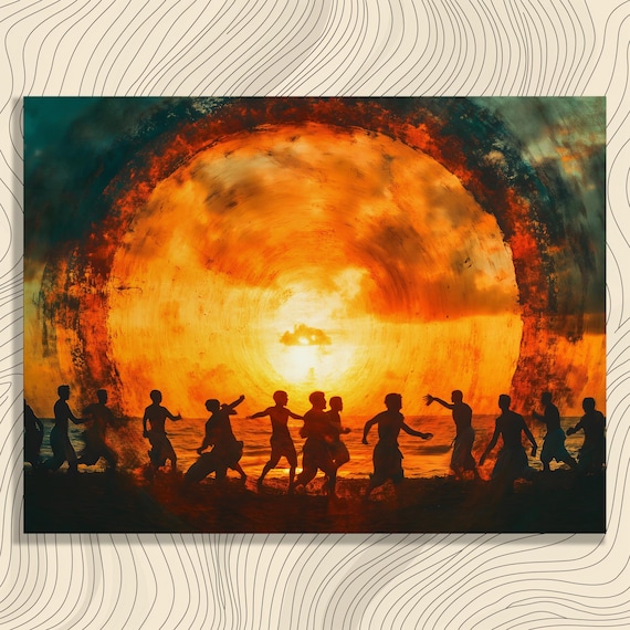 Giant Sunset Silhouette Beach Dancers Celebration Art Poster