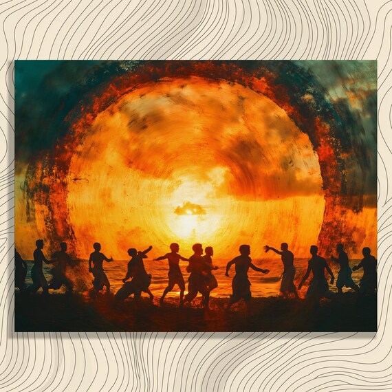 Vibrant Sunset Silhouette Canvas Wall Art Abstract Beach Dancing Scene Print For Teens And Adults In Modern Impressionist Style