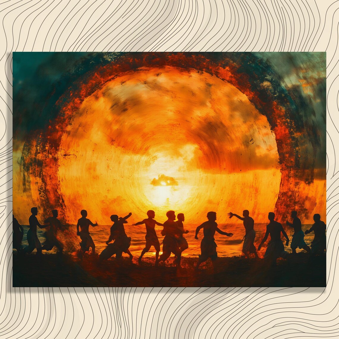 Vibrant Sunset Silhouette Canvas Wall Art Abstract Beach Dancing Scene Print For Teens And Adults In Modern Impressionist Style