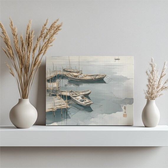 Wooden Boats Misty Harbor Watercolor Rustic Dock Calm Water Poster
