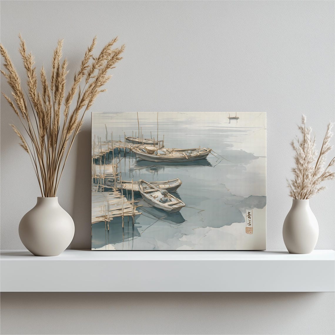 Wooden Boats Misty Harbor Watercolor Rustic Dock Calm Water Poster