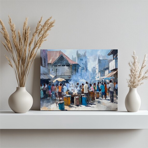 Colorful Street Market Canvas Wall Art Impressionist Urban Cityscape Print Outdoor Scene Food Vendors Oil Painting Decor