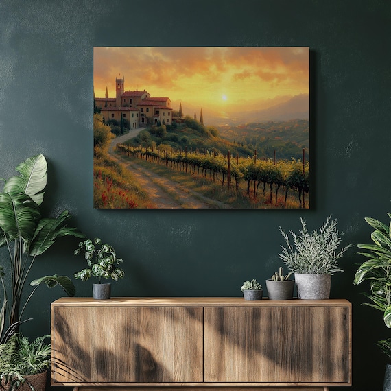 Golden Tuscan Villa Sunset Vineyard Rolling Hills Italy Art Poster