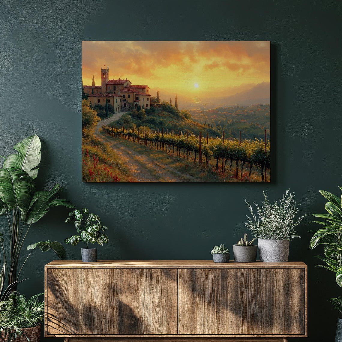 Golden Tuscan Villa Sunset Vineyard Rolling Hills Italy Art Poster