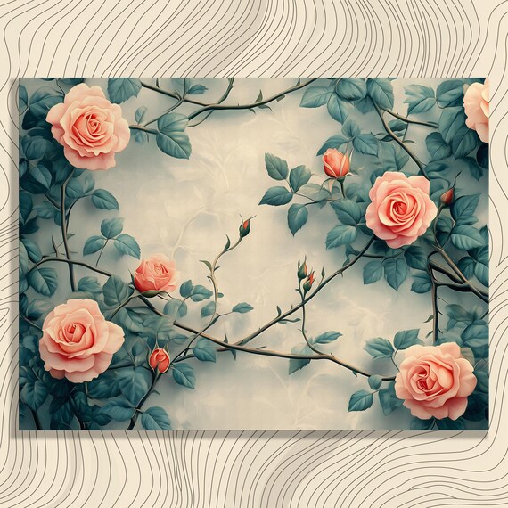 Pink Roses Climbing Vines Vintage Botanical Floral Art Poster