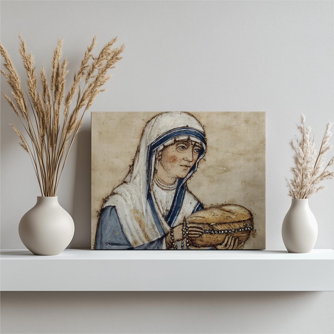 Medieval Nun With Bread And Rosary Blue Habit Vintage Art Poster