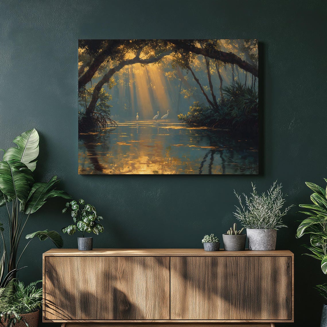 Sunbeams Over Mangrove Lagoon with White Egrets Nature Art Print