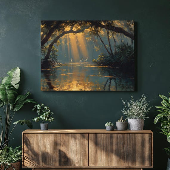 Misty Mangrove Canvas Wall Art Sunrise Egret Reflection Tropical Water Scene Nature Landscape Print For Serene Wetland Decor