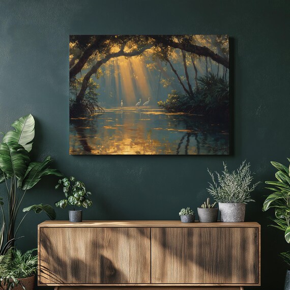 Sunbeams Over Mangrove Lagoon with White Egrets Nature Art Print