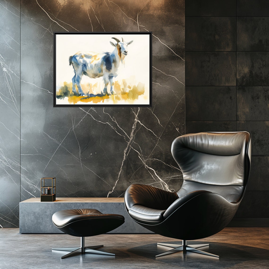 White Goat Standing Watercolor Blue Yellow Farm Animal Art Poster