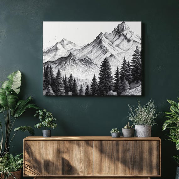 Mountain Forest Canvas Wall Art Pine Tree Landscape Print Nature Decor Dotwork Range Black White Silhouette