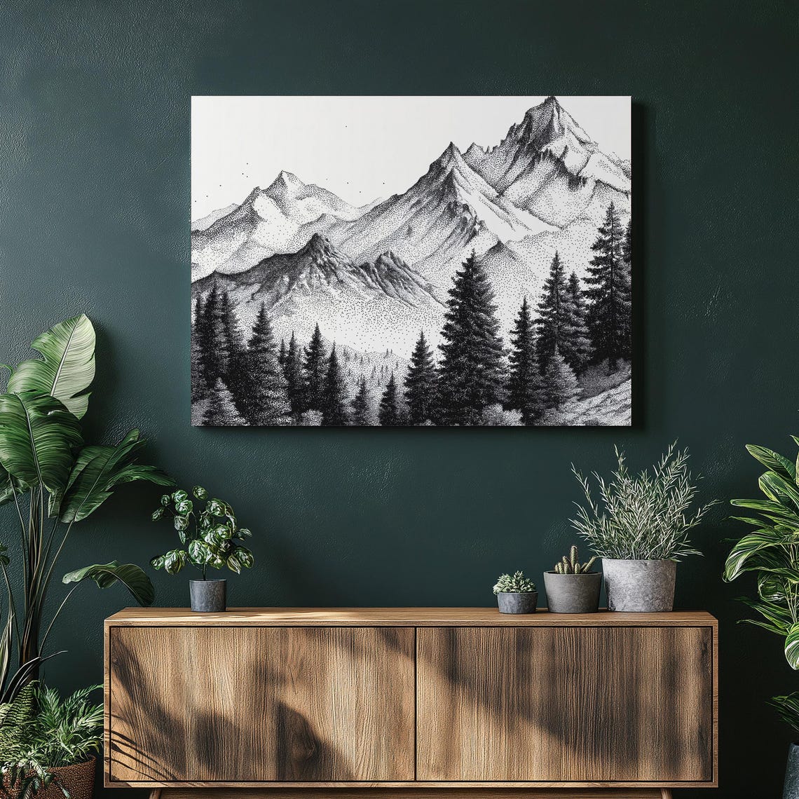 Mountain Forest Canvas Wall Art Pine Tree Landscape Print Nature Decor Dotwork Range Black White Silhouette