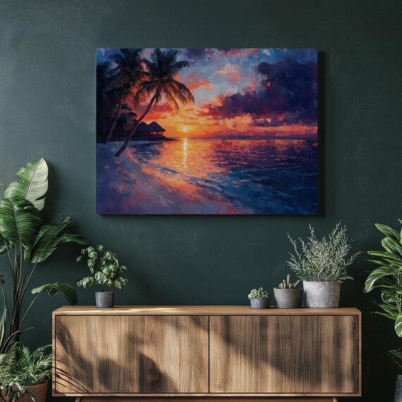 Maldives Tropical Beach Sunset Ocean Painting Coastal Wall Art
