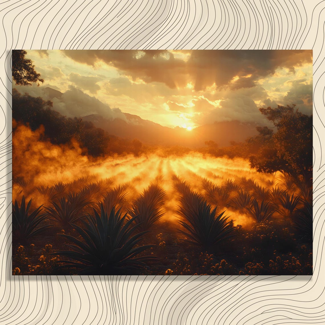 Golden Sunset Over Agave Field Rows Dramatic Desert Landscape Poster