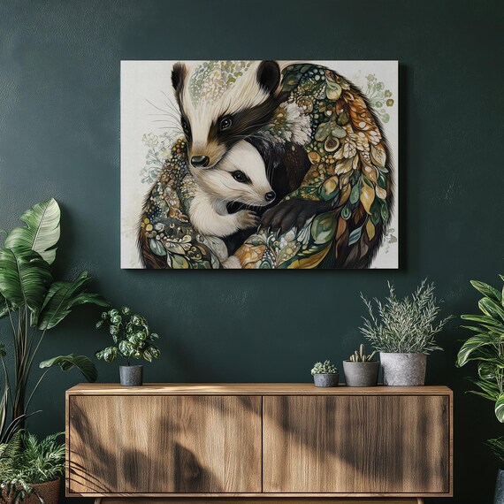 Badger Print Animal Art Prints Nature Wall Forest Painting Floral Decor Boho Style Wildlife Greenery