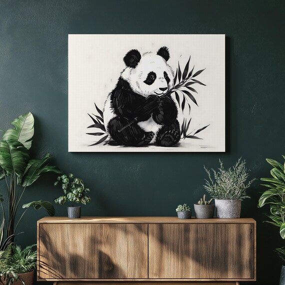 Giant Panda with Bamboo Wall Art Minimalist Black White Ink Illustration