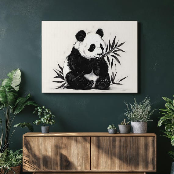 Panda Bamboo Canvas Wall Art Black And White Bear Illustration Minimalist Line Drawing Cute Wildlife Nursery Decor Gift Print