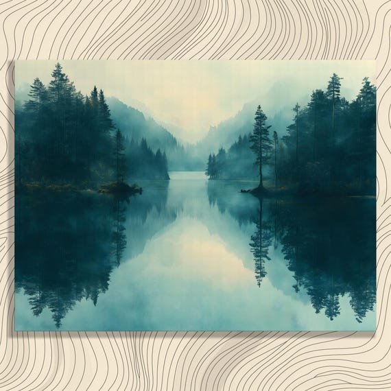 Misty Forest Canvas Wall Art Tranquil Lake Reflection Landscape Print Nature Decor Minimal Impressionism Serenity Artwork Gallery