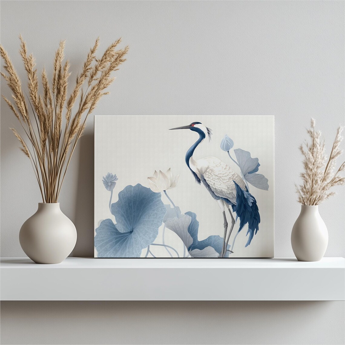 Crane Bird Among Blue Lotus Leaves Minimal Asian Style Poster