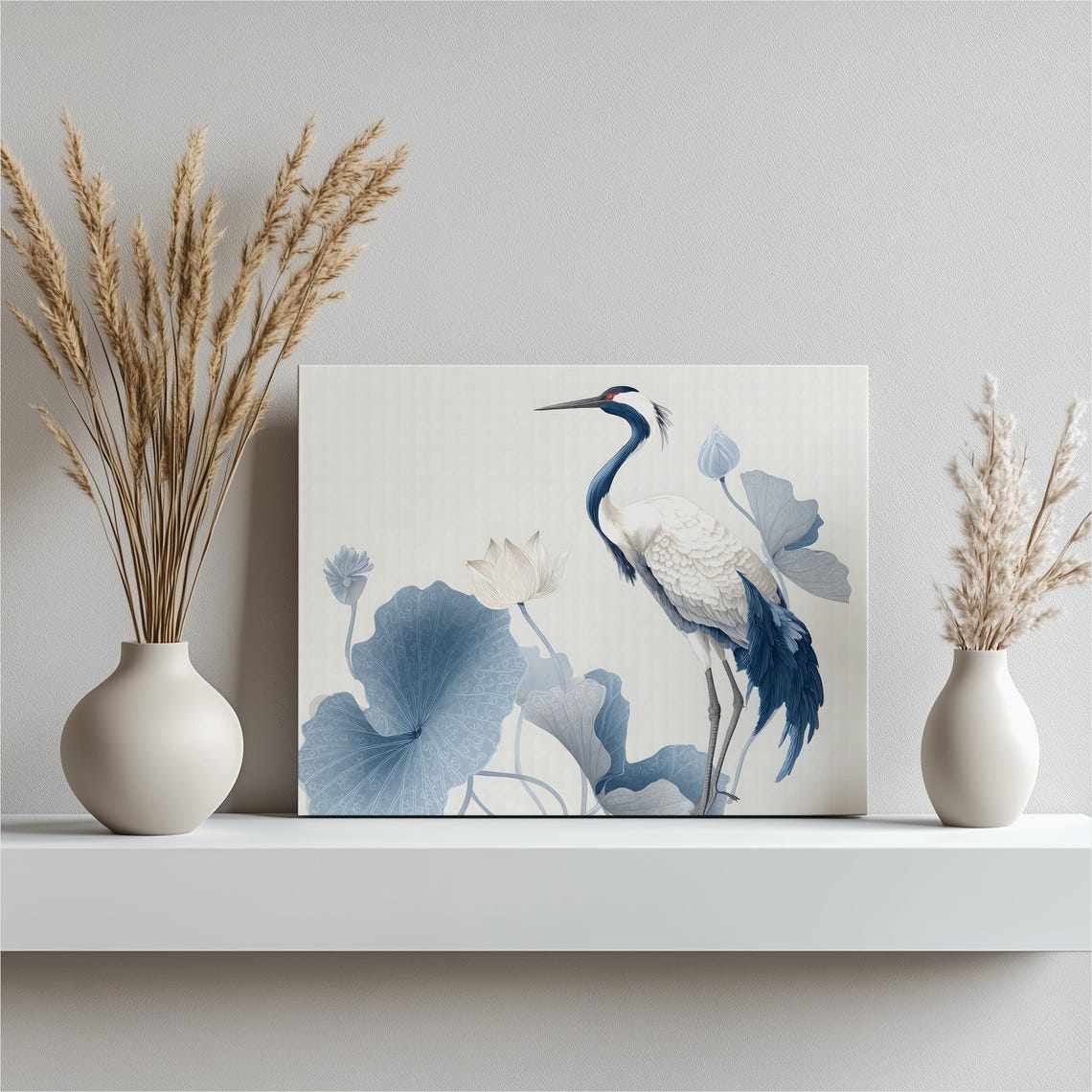 Crane Canvas Wall Art Minimalist Modern Asian Flower Print Blue White Bird Botanical Poster Zen Pond Scene Neutral Palette