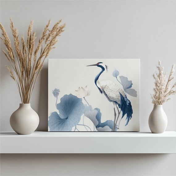 Crane Canvas Wall Art Minimalist Modern Asian Flower Print Blue White Bird Botanical Poster Zen Pond Scene Neutral Palette