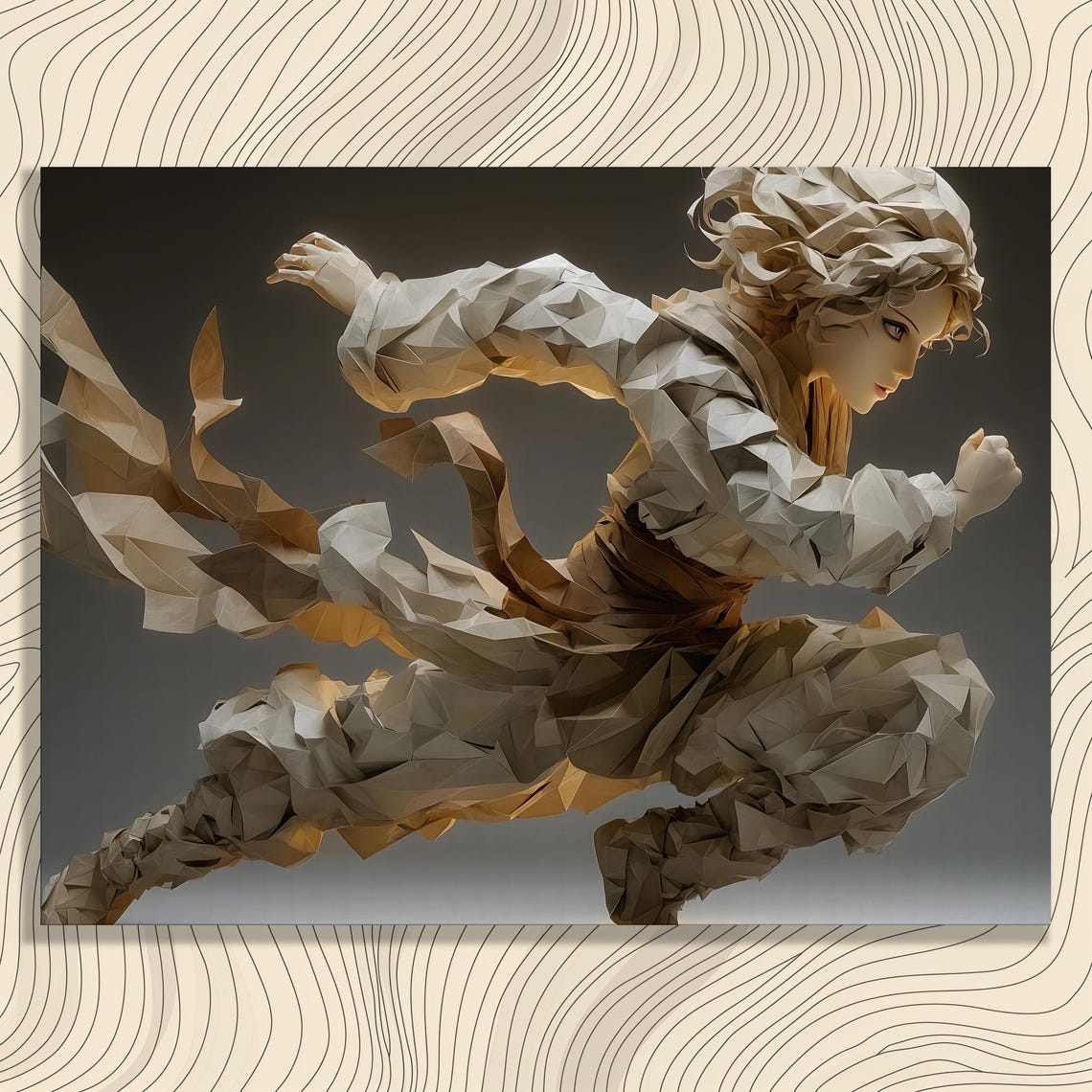 Low Poly Geometric Warrior Leaping Dynamic 3D Sculpture Art Poster