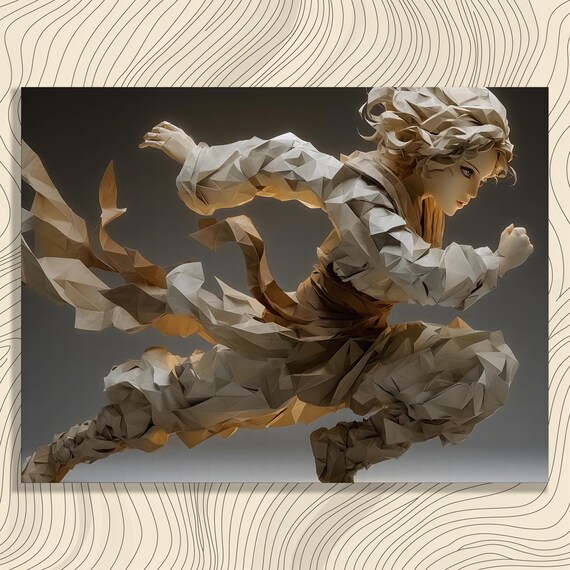 Low Poly Geometric Warrior Leaping Dynamic 3D Sculpture Art Poster