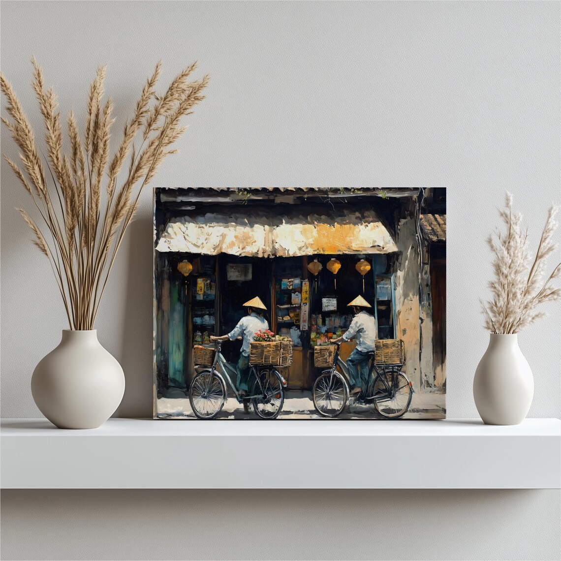 Vietnam Market Farmers Bicycles Conical Hats Street Scene Poster