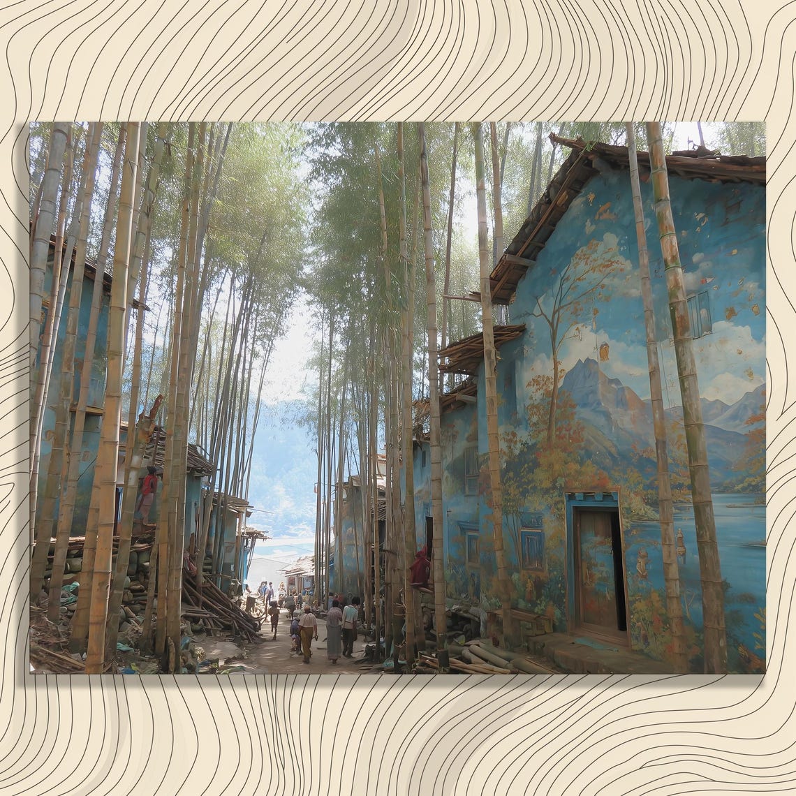 Bamboo Forest Village Painted Houses Mountain Valley Wall Art