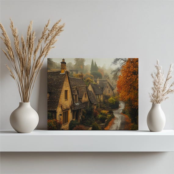 Cotswolds Canvas Wall Art Fall Cottage Decor Print Rustic Home Landscape Autumn Village Scene For Living Room Bedroom