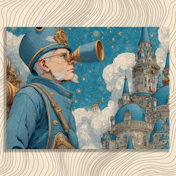 Astronomer With Telescope Canvas Wall Art Whimsical Fantasy Castle Night Sky Illustration