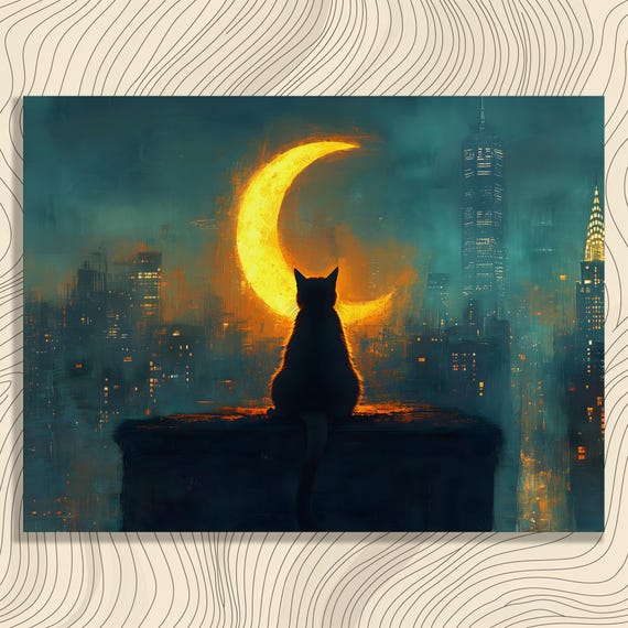 Crescent Moon Cat Canvas Wall Art Dreamy City Skyline Night Scene With Glowing Moonlight And Feline Silhouette Fantasy For Lovers