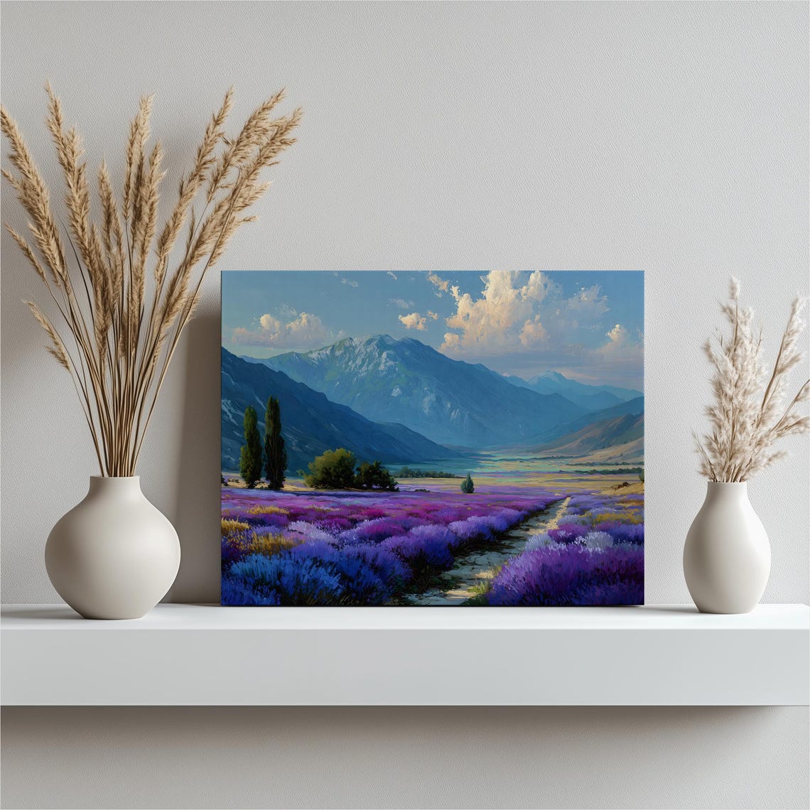 Purple Lavender Flower Field Blue Mountain Vista Landscape Wall Art
