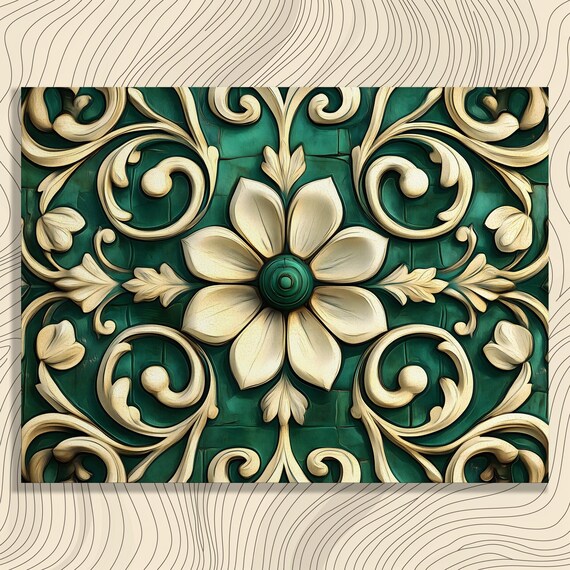 Emerald Green Gold Baroque Floral Scrollwork Botanical Poster