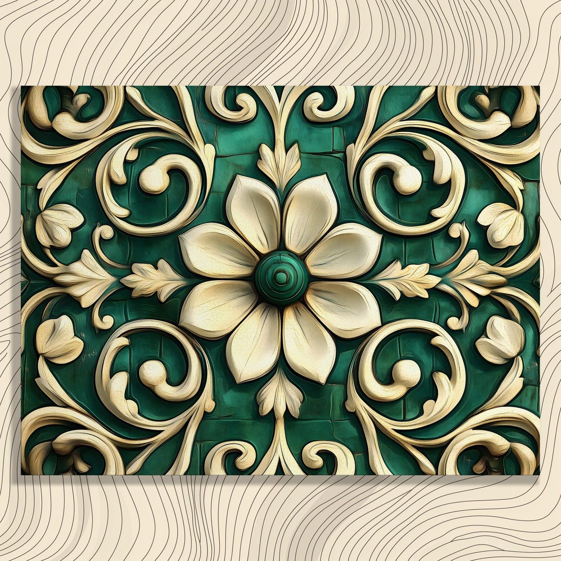 Emerald Green Gold Baroque Floral Scrollwork Botanical Poster