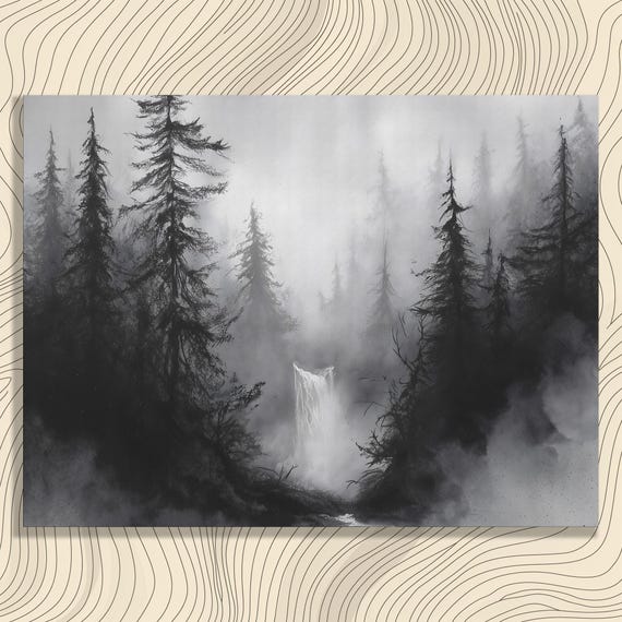 Misty Forest Waterfall Canvas Wall Art Monochrome Gift Nature Decor Ink Wash Landscape Print Pine Tree Foggy
