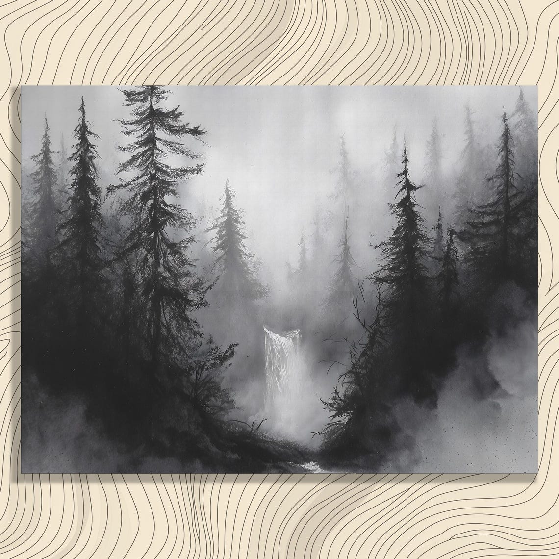 Misty Pine Forest Hidden Waterfall Black White Nature Art Poster