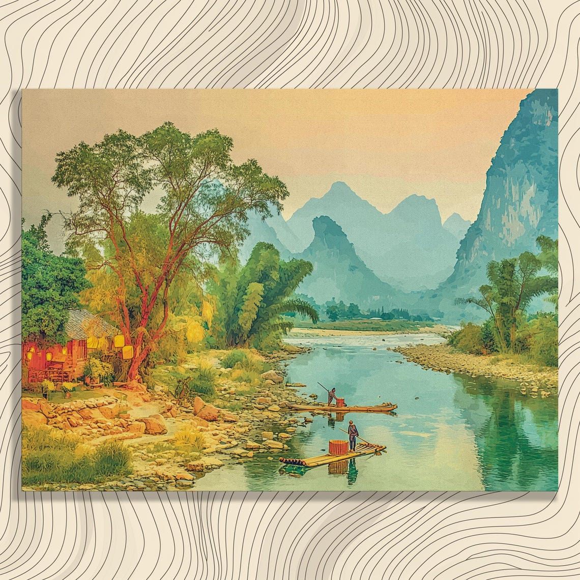 Karst Mountain River Bamboo Raft Asian Landscape Golden Sunset Poster