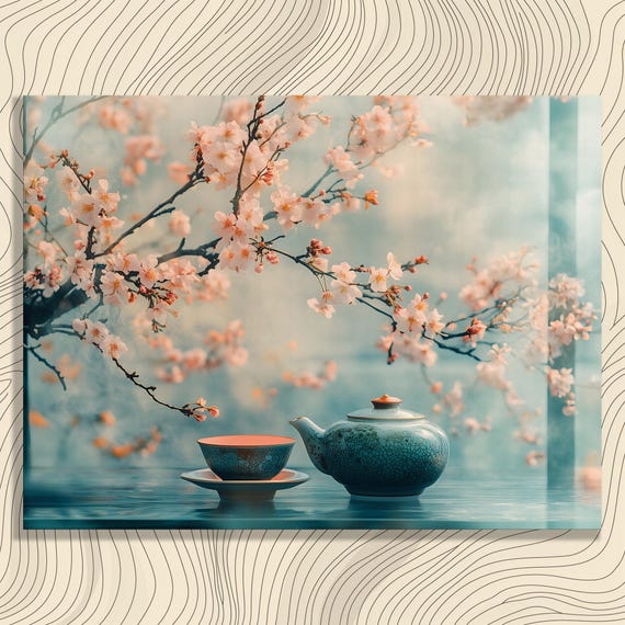 Cherry Blossoms Canvas Wall Art Serene Floral Tea Set Harmony Nature First Day Of Spring Print Gift For Lovers Minimalist Elegance