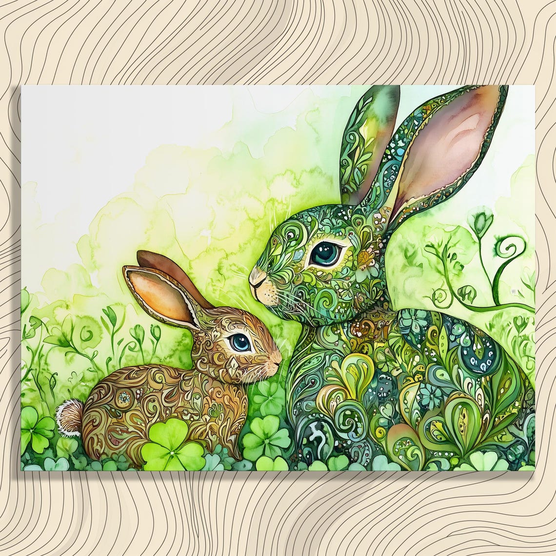 Joyful Rabbits Canvas Wall Art Bohemian Style Watercolor Painting Colorful Rabbit Print Nature Decor Spring Gift Easter Artwork