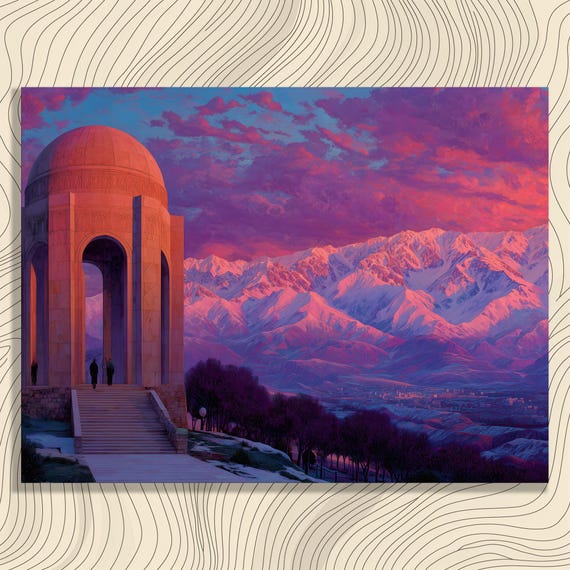 Colorful Mountain Sunset Canvas Wall Art Vibrant Pink Sky Pavilion Landscape Print Scenic Architecture Mountains Decor Travel Gift