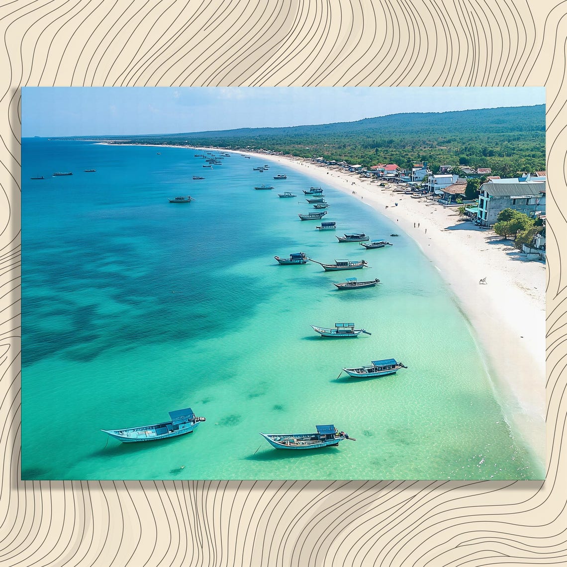 Tropical Beach Aerial View Turquoise Water Boats Coastal Wall Art