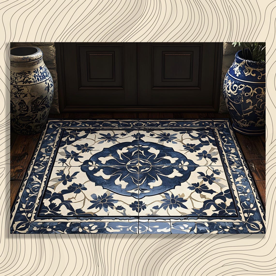 Ornate Blue And Cream Floral Rug Pattern Vintage Botanical Poster